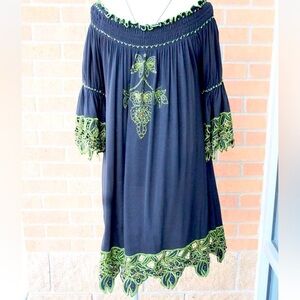 NWT URBAN MANGO Western Black Embroidered Off Shoulder Babydoll Dress Mini M